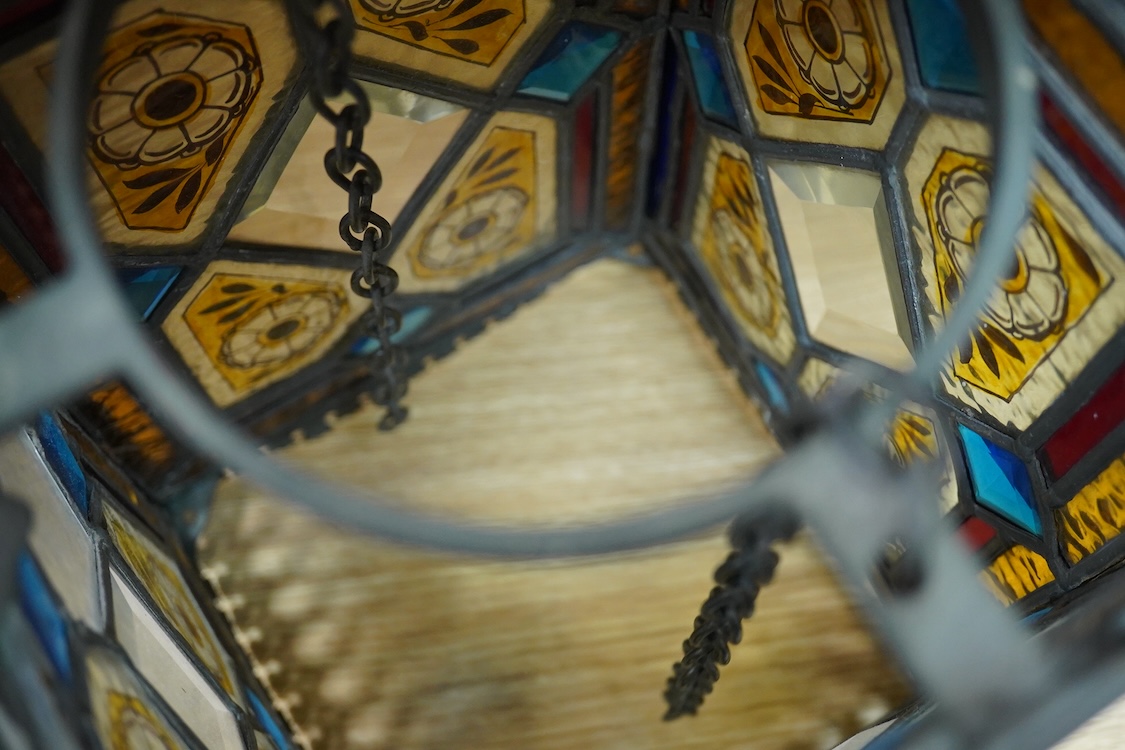 An early 20th century leaded glass hall lantern with pierced decoration, 34cm high